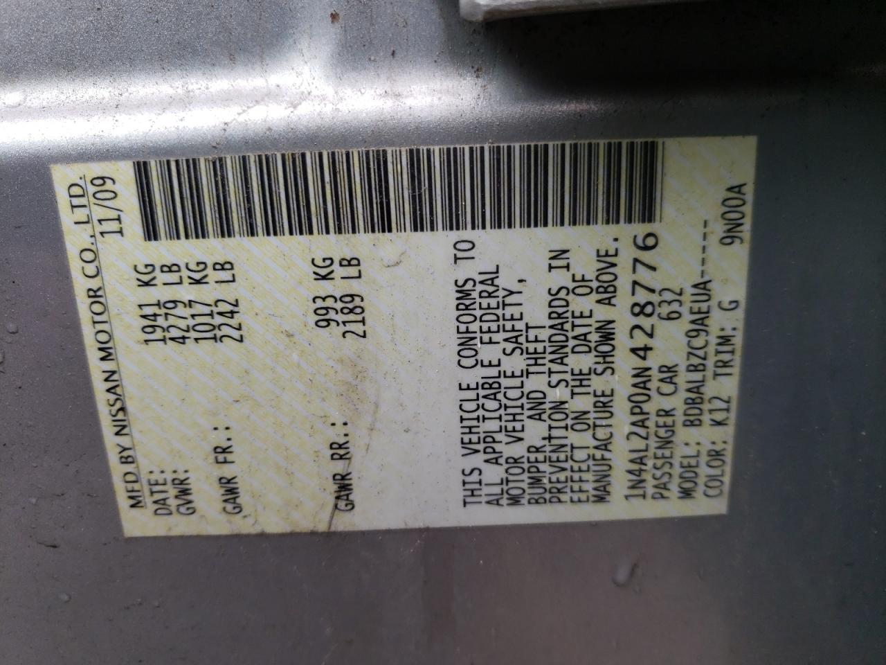 Photo 10 from auction – 2010 NISSAN ALTIMA BAS with VIN 1N4AL2AP0AN428776