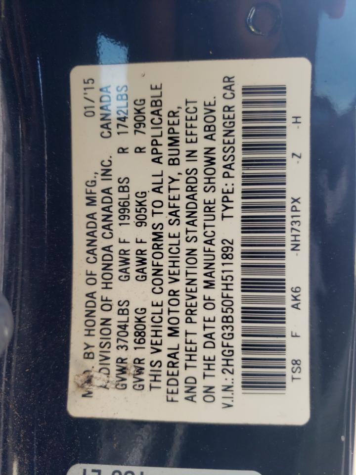 Photo 10 from auction – 2015 HONDA CIVIC LX with VIN 2HGFG3B50FH511892