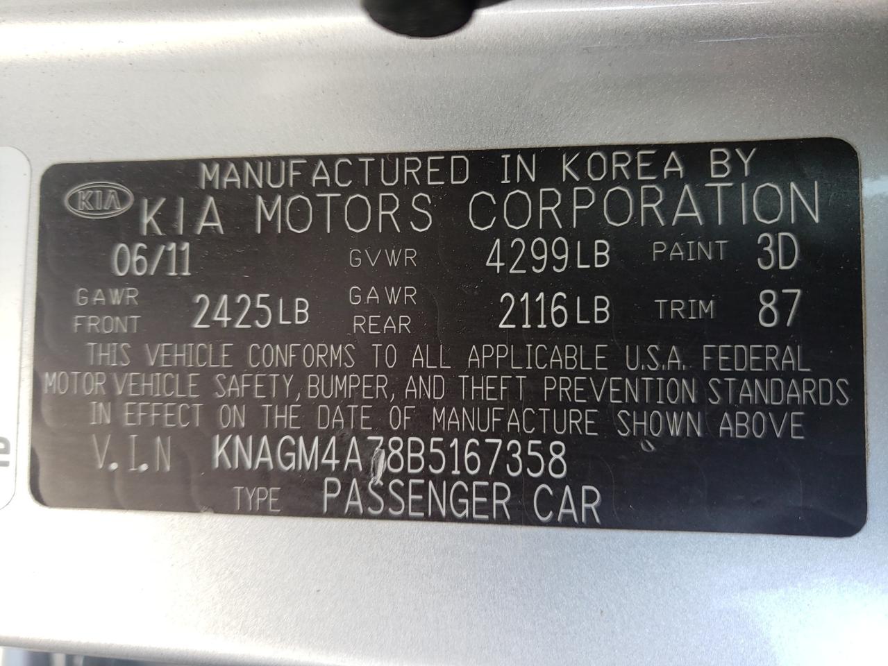 Photo 10 from auction – 2011 KIA OPTIMA LX with VIN KNAGM4A78B5167358