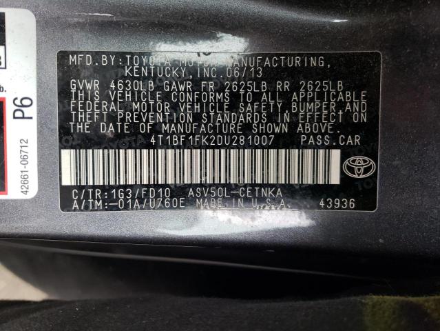 Photo 10 from auction – 2013 TOYOTA CAMRY L with VIN 4T1BF1FK2DU281007