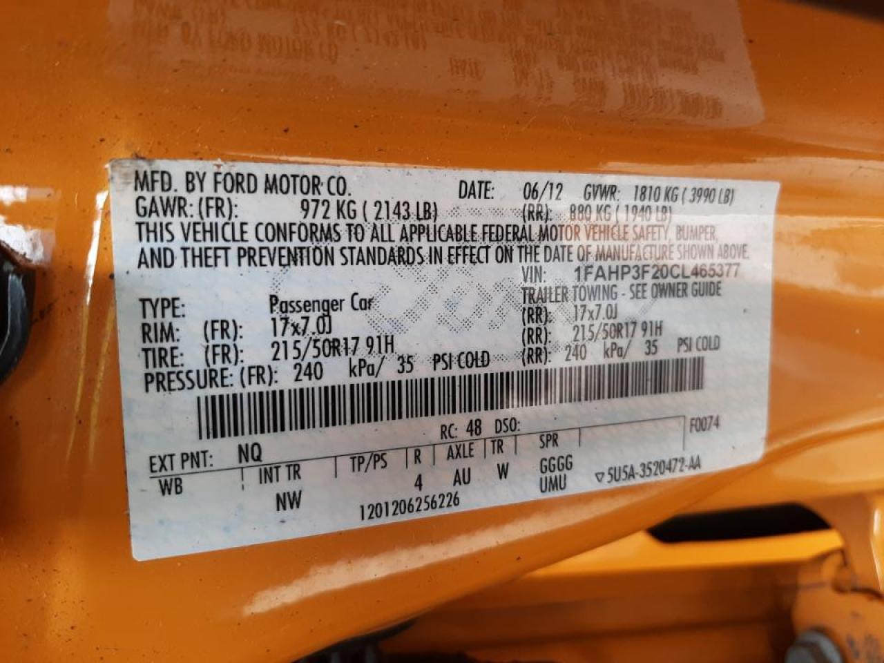 Photo 10 from auction – 2012 FORD FOCUS SE with VIN 1FAHP3F20CL465377