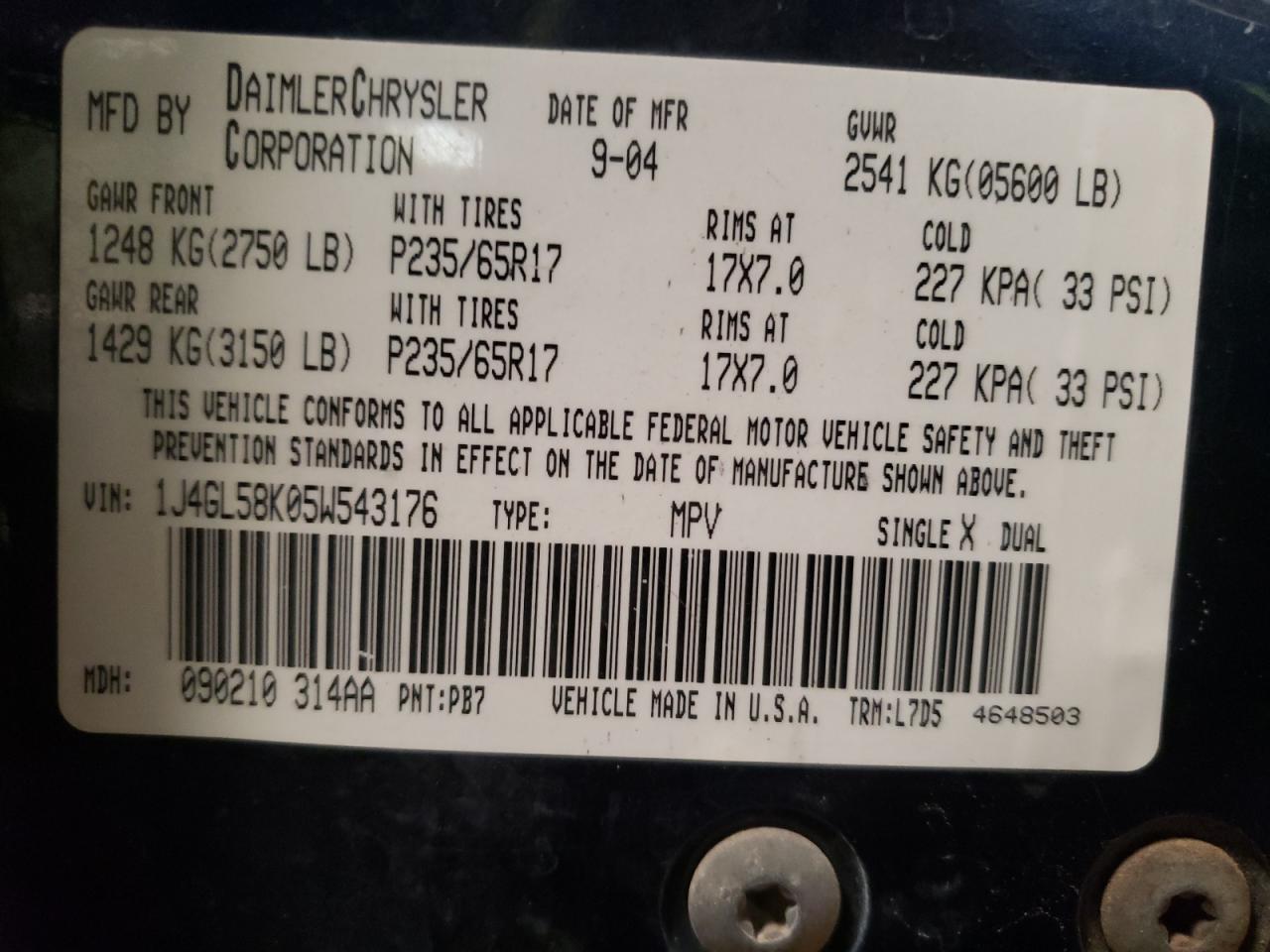 Photo 10 from auction – 2005 JEEP LIBERTY LI with VIN 1J4GL58K05W543176