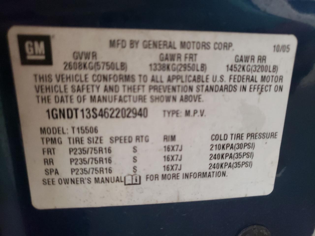 Photo 10 from auction – 2006 CHEVROLET TRAILBLAZE with VIN 1GNDT13S462202940