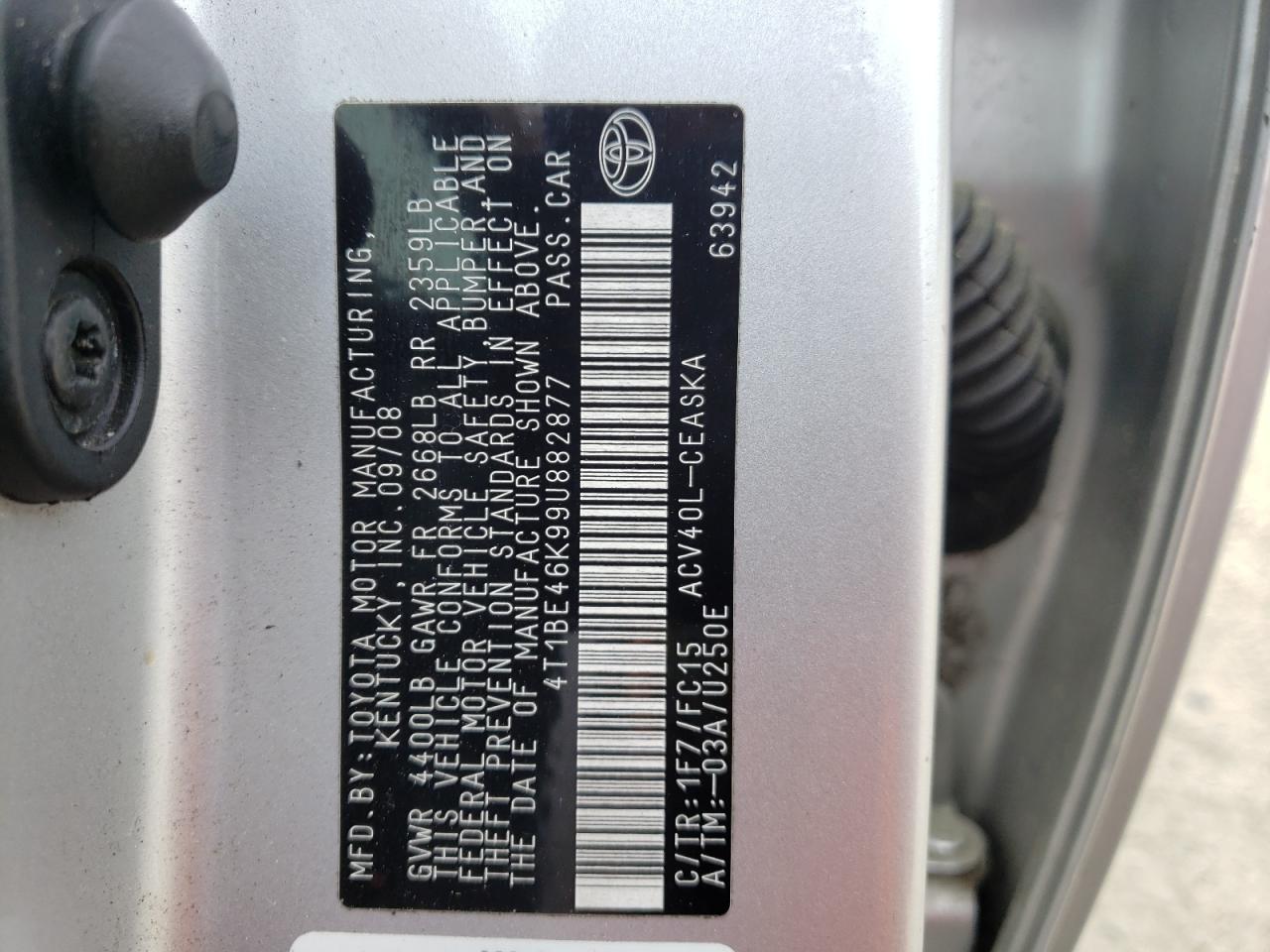 Photo 10 from auction – 2009 TOYOTA CAMRY BASE with VIN 4T1BE46K99U882877