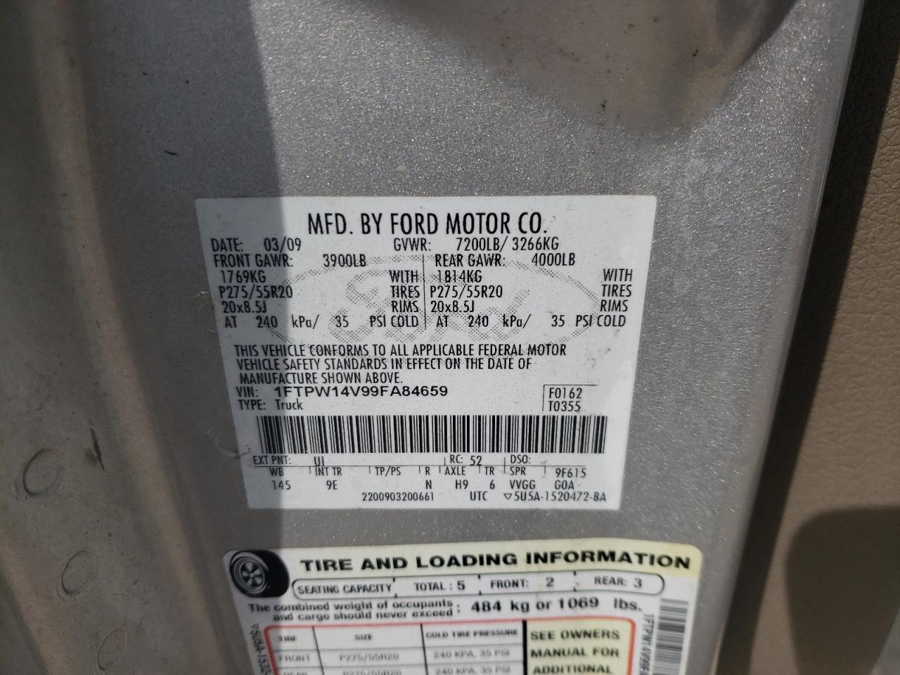 Photo 10 from auction – 2009 FORD F150 SUPER with VIN 1FTPW14V99FA84659