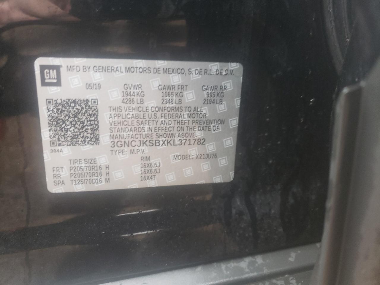 Photo 10 from auction – 2019 CHEVROLET TRAX LS with VIN 3GNCJKSBXKL371782