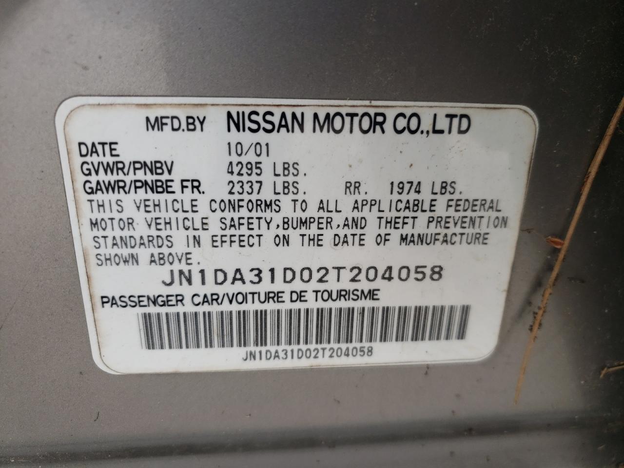 Photo 10 from auction – 2002 NISSAN MAXIMA GLE with VIN JN1DA31D02T204058