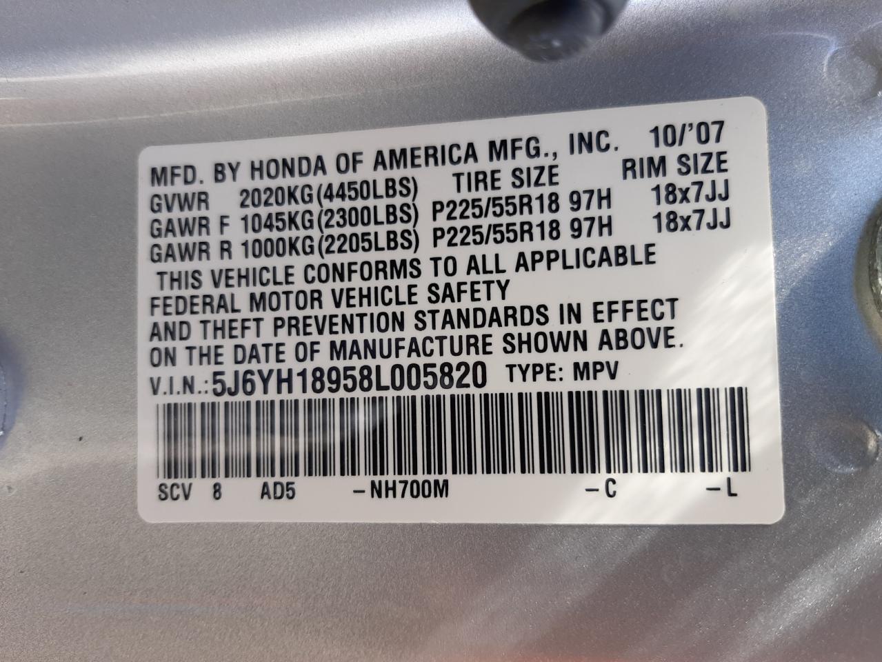Photo 10 from auction – 2008 HONDA ELEMENT SC with VIN 5J6YH18958L005820