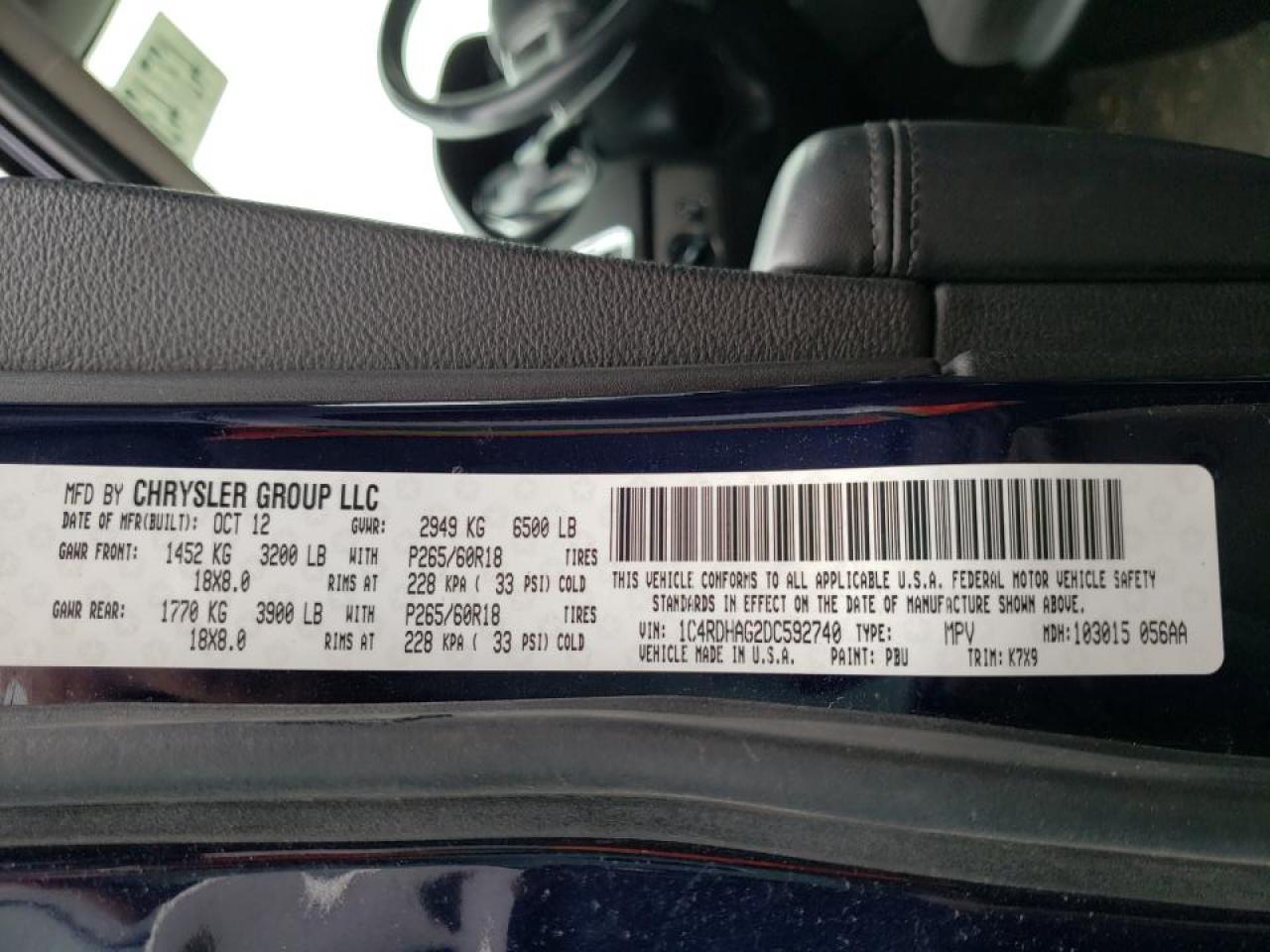 Photo 10 from auction – 2013 DODGE DURANGO SX with VIN 1C4RDHAG2DC592740