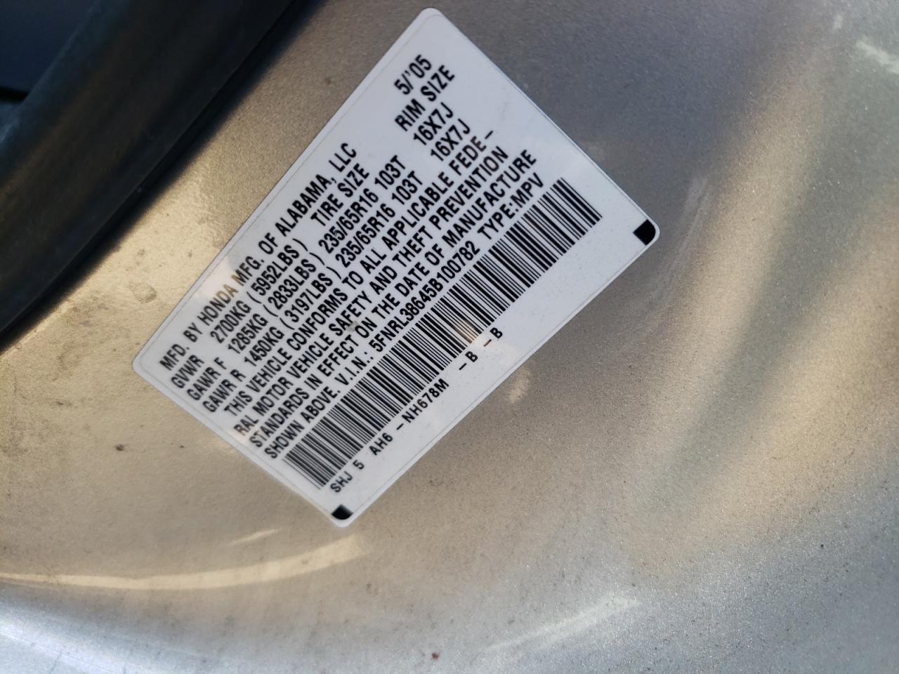 Photo 10 from auction – 2005 HONDA ODYSSEY EX with VIN 5FNRL38645B100782