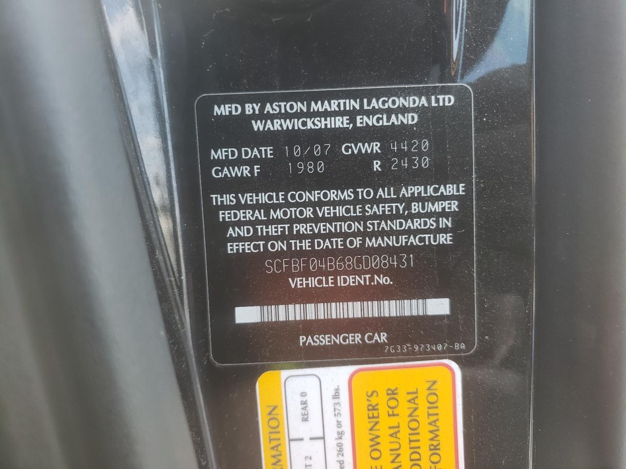 Photo 10 from auction – 2008 ASTON MARTIN V8 VANTAGE with VIN SCFBF04B68GD08431