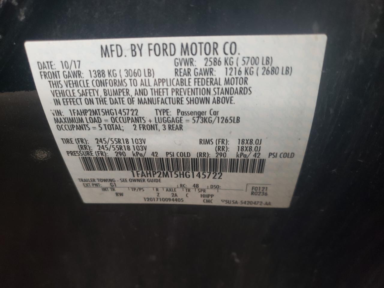 Photo 10 from auction – 2017 FORD TAURUS POL with VIN 1FAHP2MT5HG145722