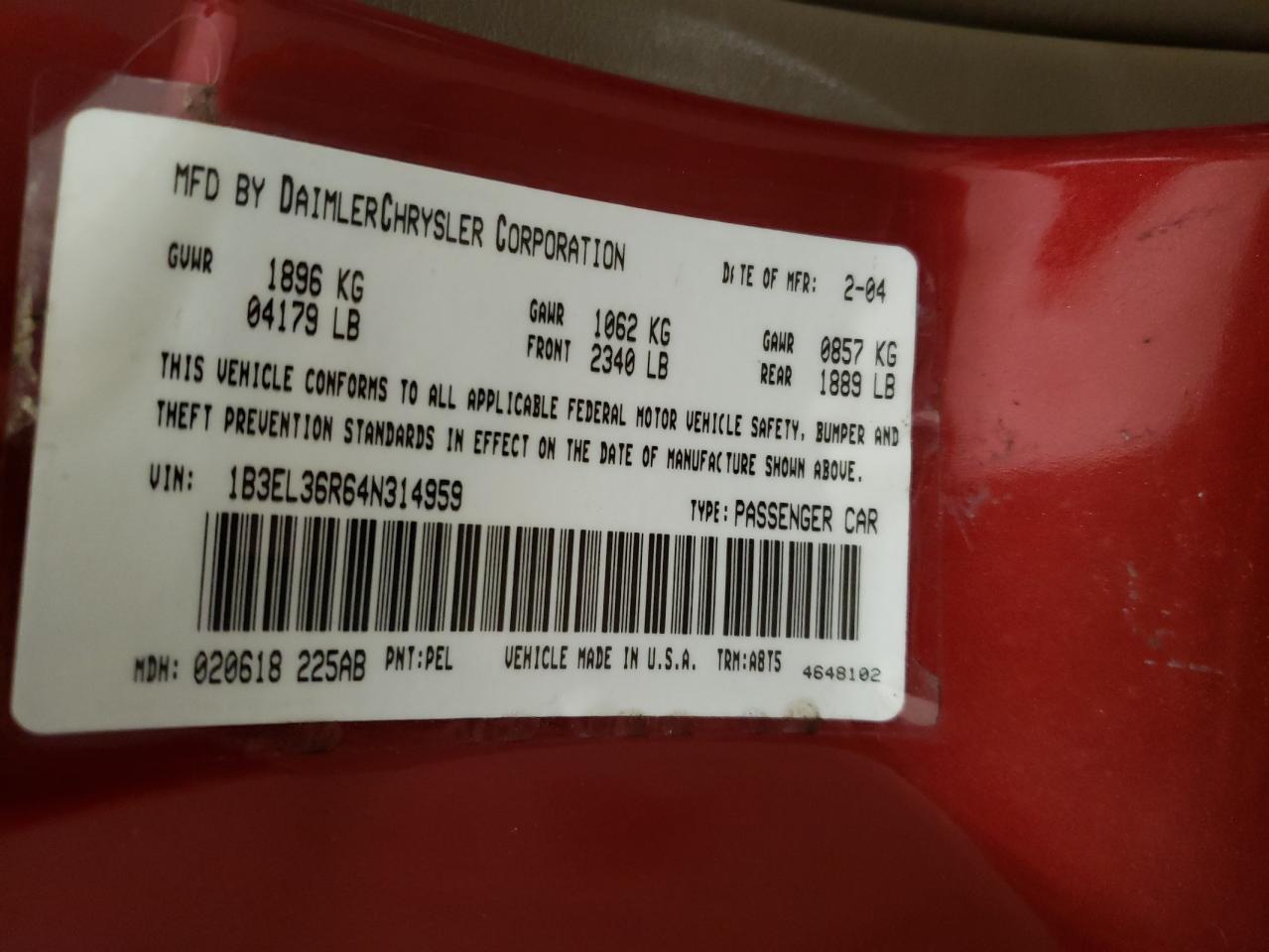 Photo 10 from auction – 2004 DODGE STRATUS SE with VIN 1B3EL36R64N314959