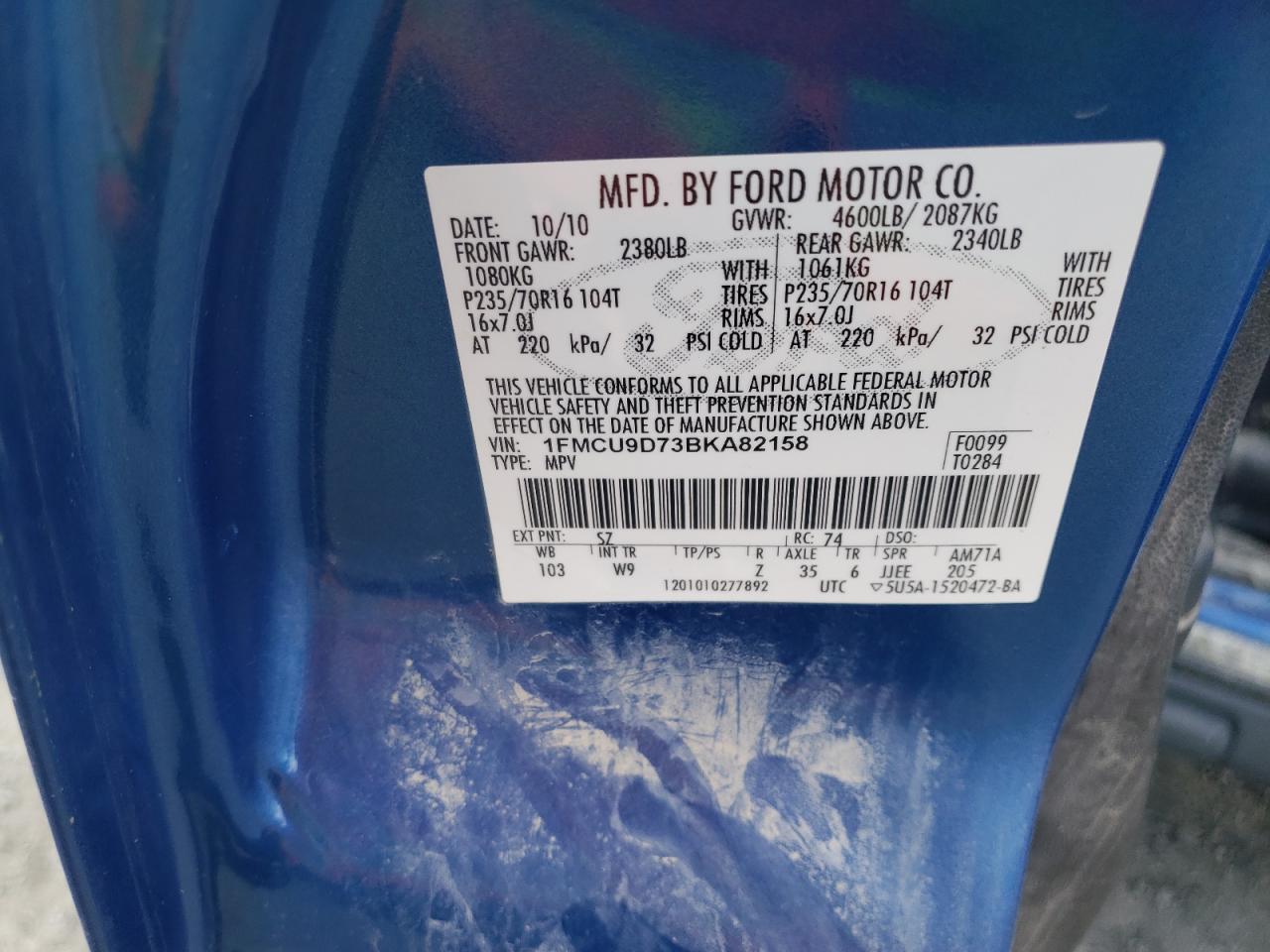 Photo 10 from auction – 2011 FORD ESCAPE XLT with VIN 1FMCU9D73BKA82158
