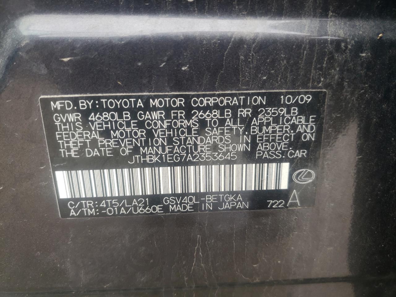 Photo 10 from auction – 2010 LEXUS ES 350 with VIN JTHBK1EG7A2353645