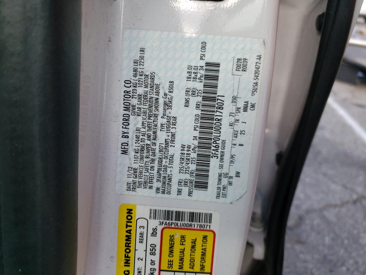 Photo 10 from auction – 2013 FORD FUSION SE with VIN 3FA6P0LU0DR178071