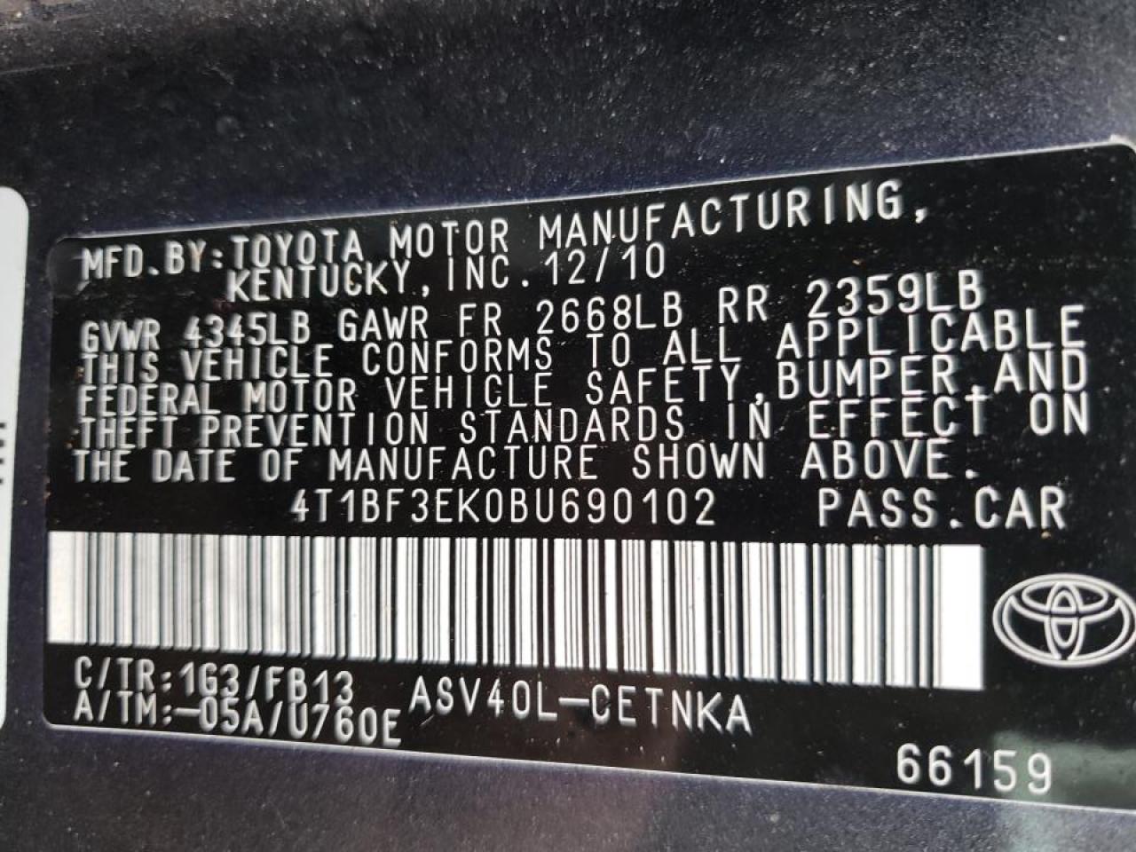 Photo 10 from auction – 2011 TOYOTA CAMRY BASE with VIN 4T1BF3EK0BU690102