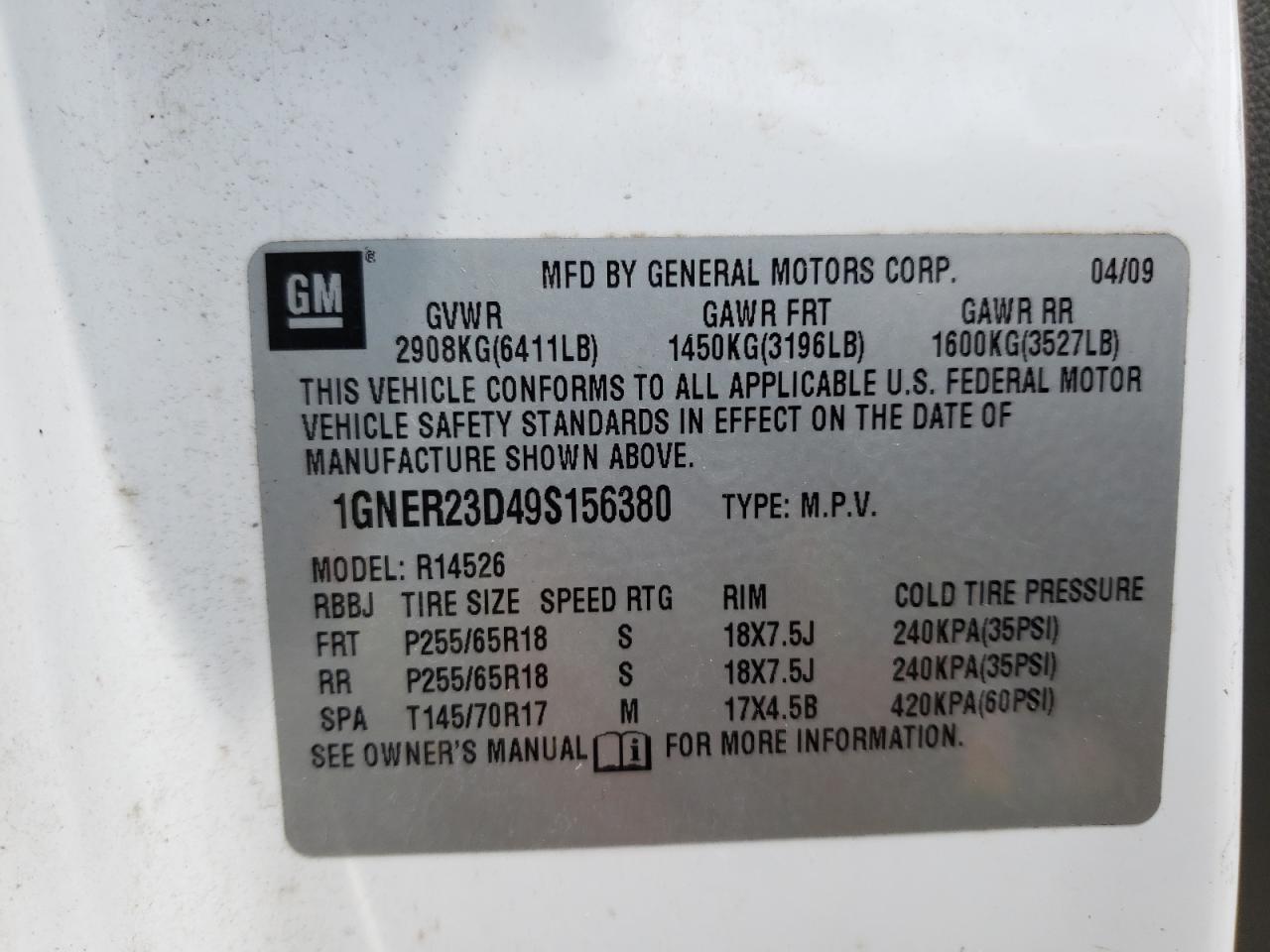 Photo 10 from auction – 2009 CHEVROLET TRAVERSE L with VIN 1GNER23D49S156380