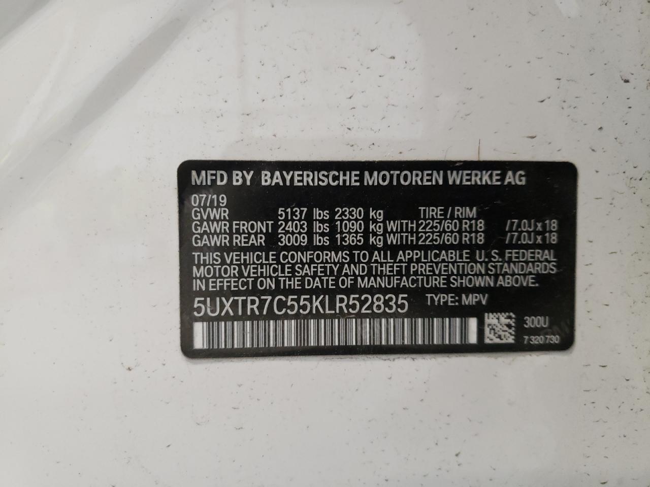 Photo 10 from auction – 2019 BMW X3 SDRIVE3 with VIN 5UXTR7C55KLR52835