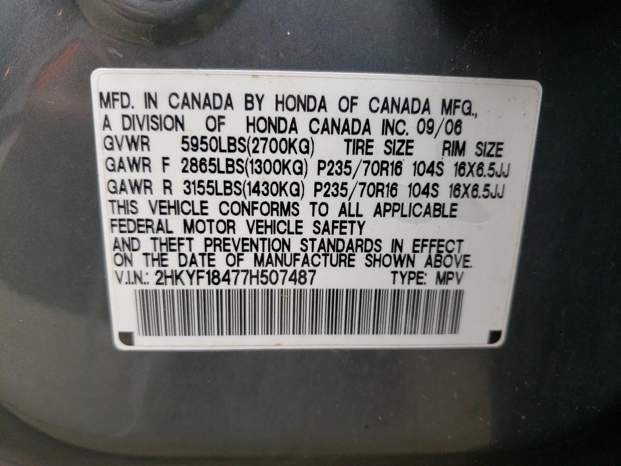 Photo 10 from auction – 2007 HONDA PILOT EX with VIN 2HKYF18477H507487