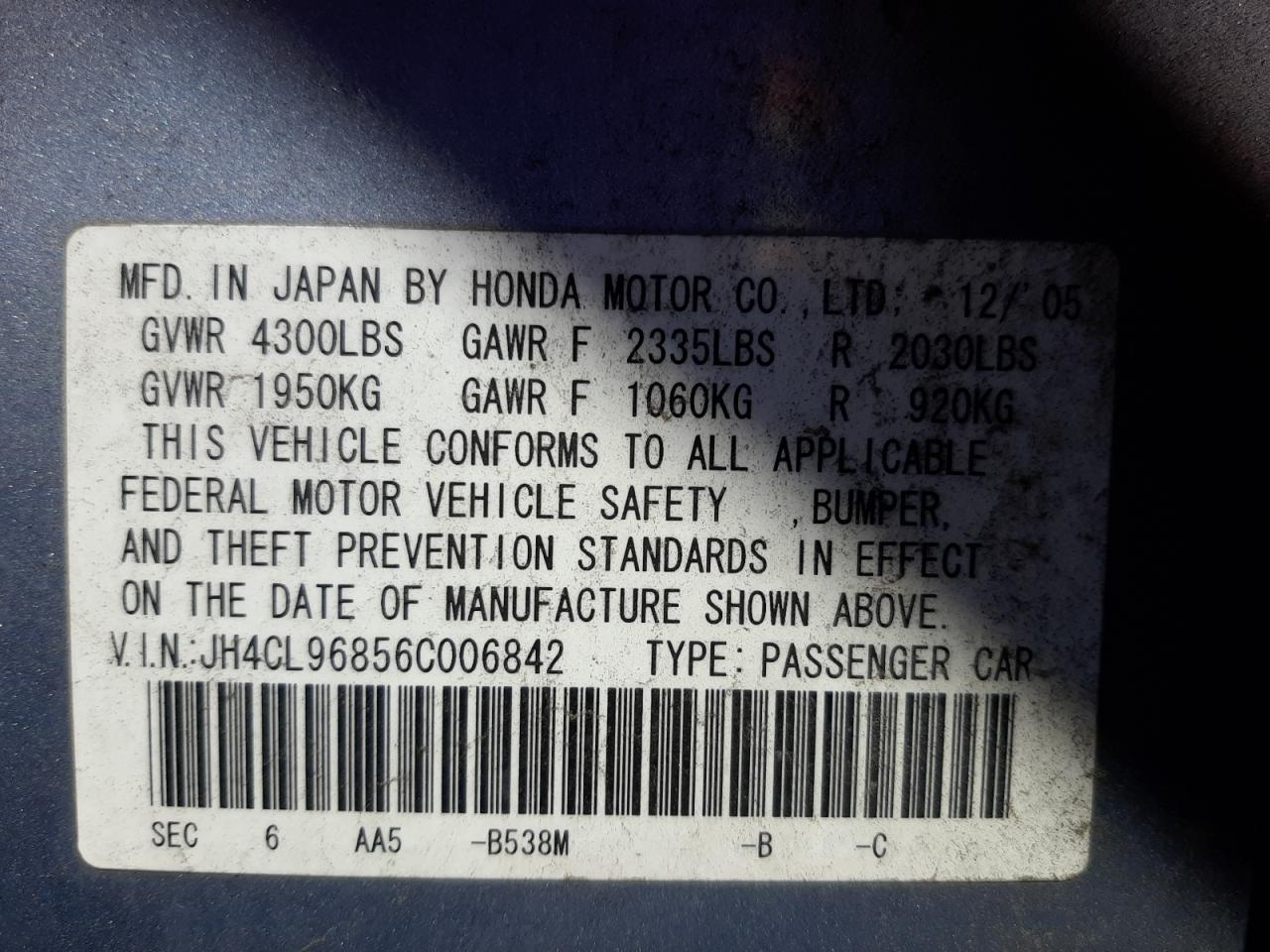 Photo 10 from auction – 2006 ACURA TSX with VIN JH4CL96856C006842
