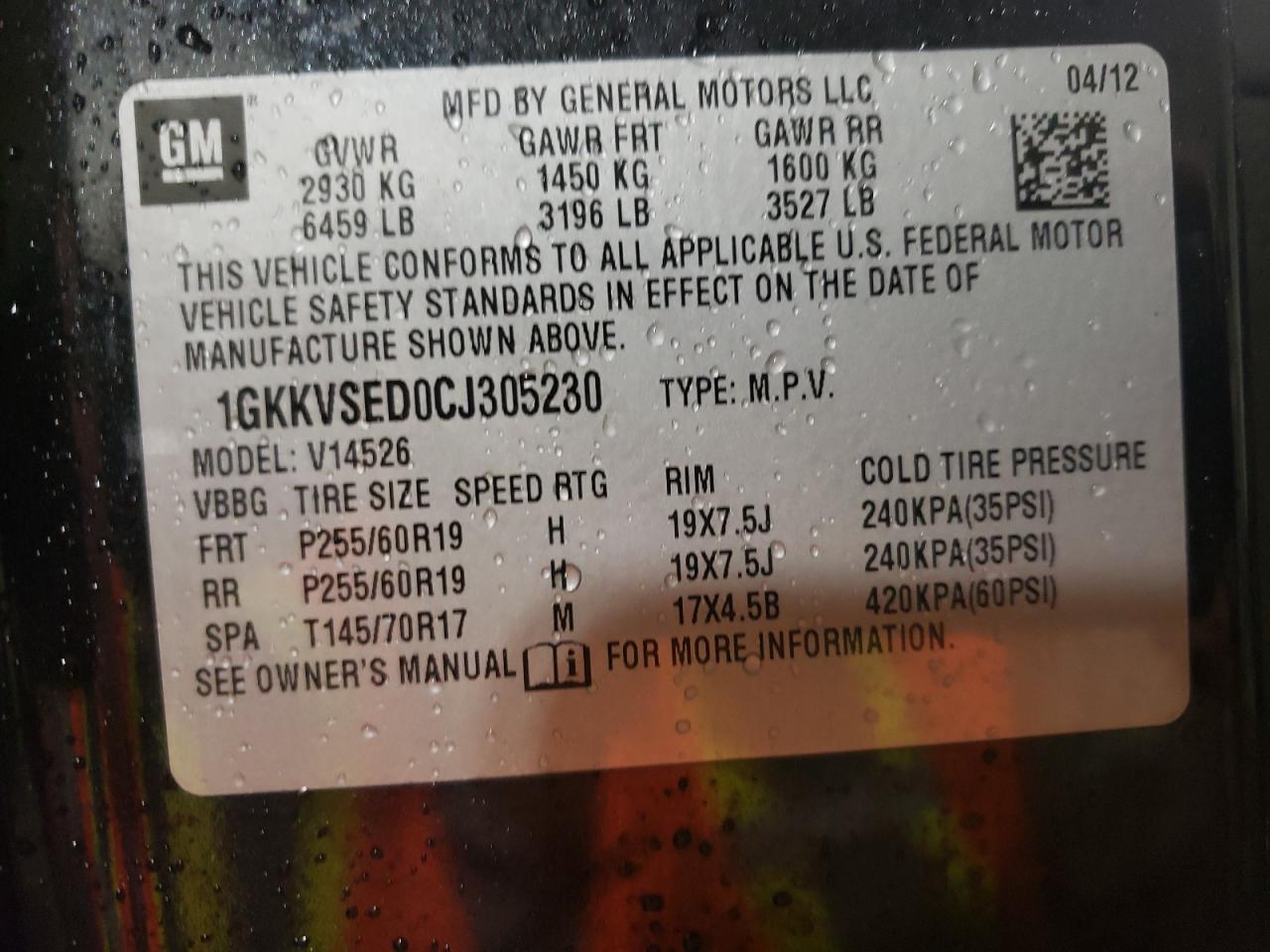 Photo 10 from auction – 2012 GMC ACADIA SLT with VIN 1GKKVSED0CJ305230