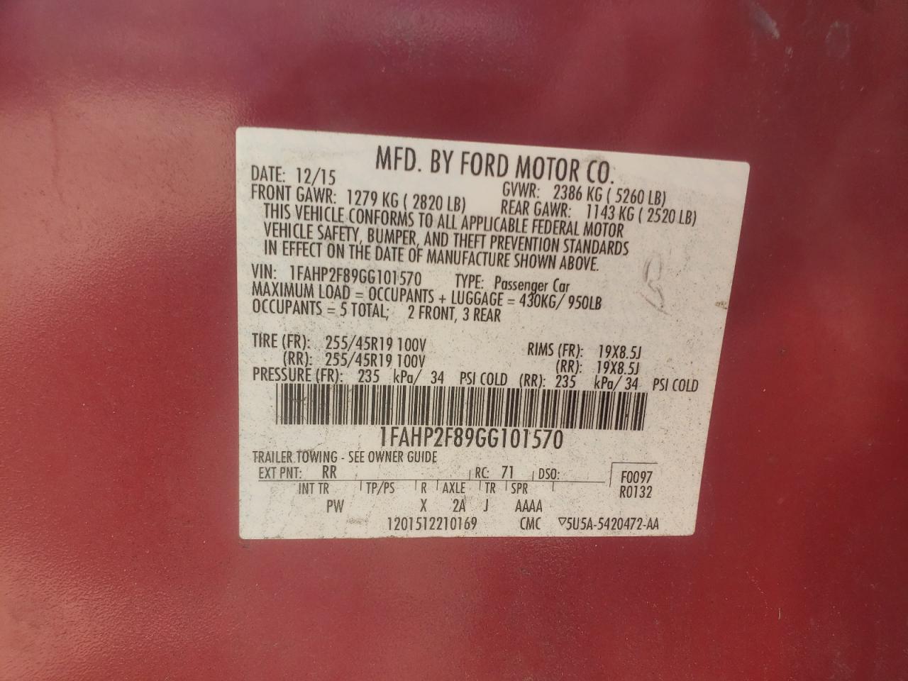 Photo 10 from auction – 2016 FORD TAURUS LIM with VIN 1FAHP2F89GG101570