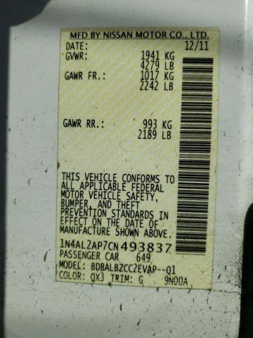 Photo 10 from auction – 2012 NISSAN ALTIMA BAS with VIN 1N4AL2AP7CN493837