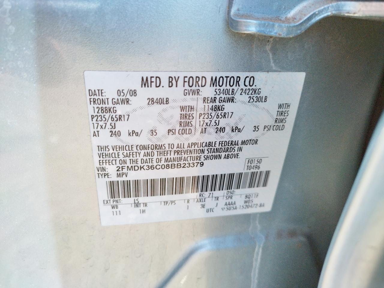 Photo 10 from auction – 2008 FORD EDGE SE with VIN 2FMDK36C08BB23379