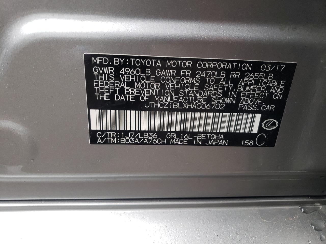Photo 10 from auction – 2017 LEXUS GS 350 BAS with VIN JTHCZ1BLXHA006702