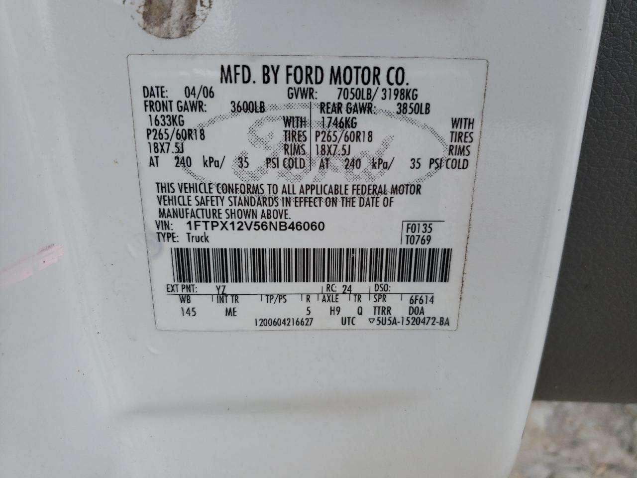 Photo 10 from auction – 2006 FORD F150 with VIN 1FTPX12V56NB46060