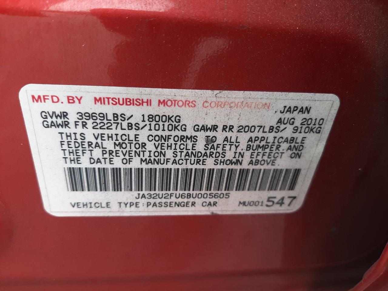 Photo 10 from auction – 2011 MITSUBISHI LANCER ES/ with VIN JA32U2FU6BU005605