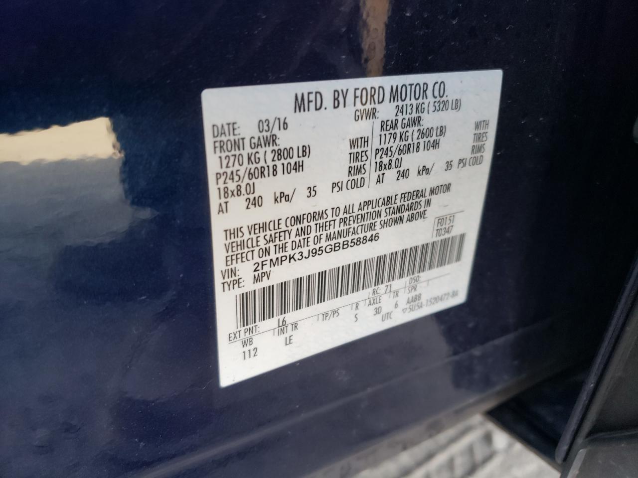 Photo 10 from auction – 2016 FORD EDGE SEL with VIN 2FMPK3J95GBB58846