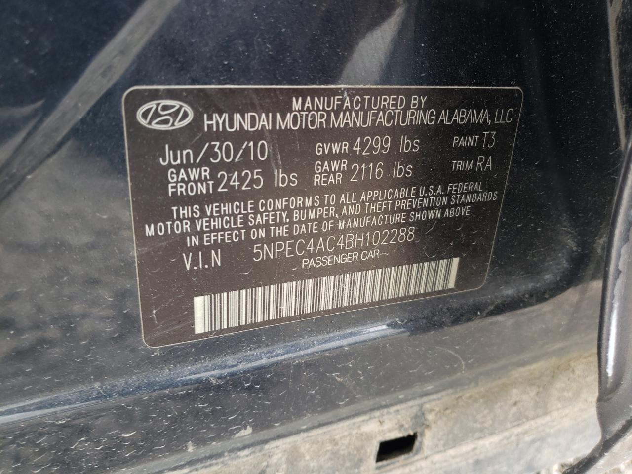 Photo 10 from auction – 2011 HYUNDAI SONATA SE with VIN 5NPEC4AC4BH102288