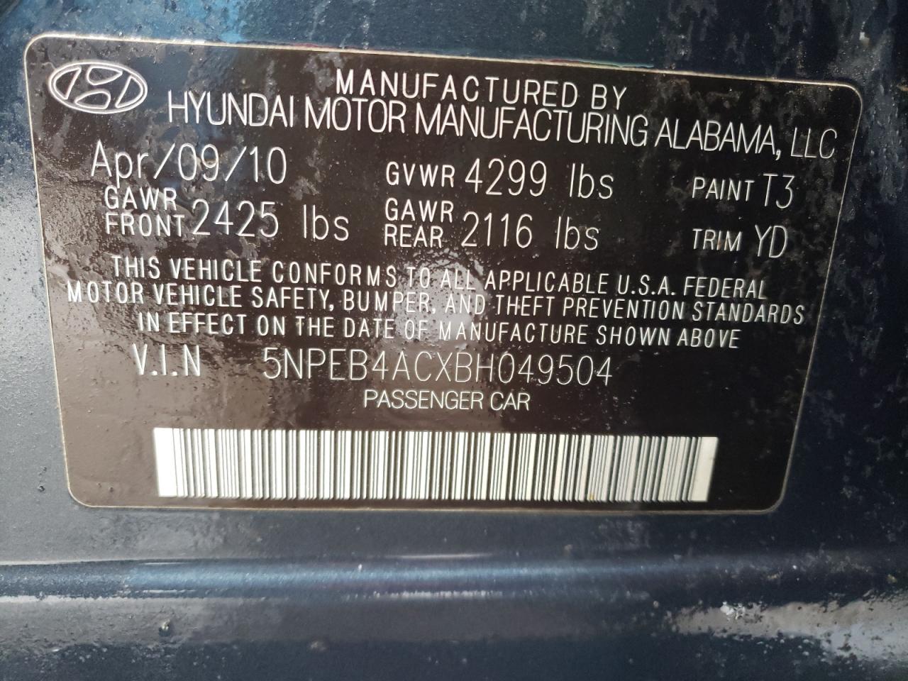 Photo 10 from auction – 2011 HYUNDAI SONATA GLS with VIN 5NPEB4ACXBH049504