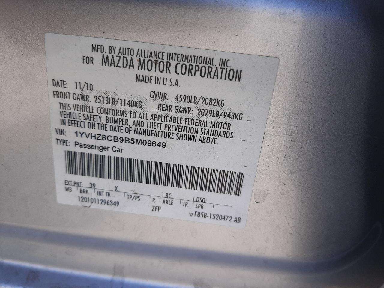 Photo 10 from auction – 2011 MAZDA 6 S with VIN 1YVHZ8CB9B5M09649