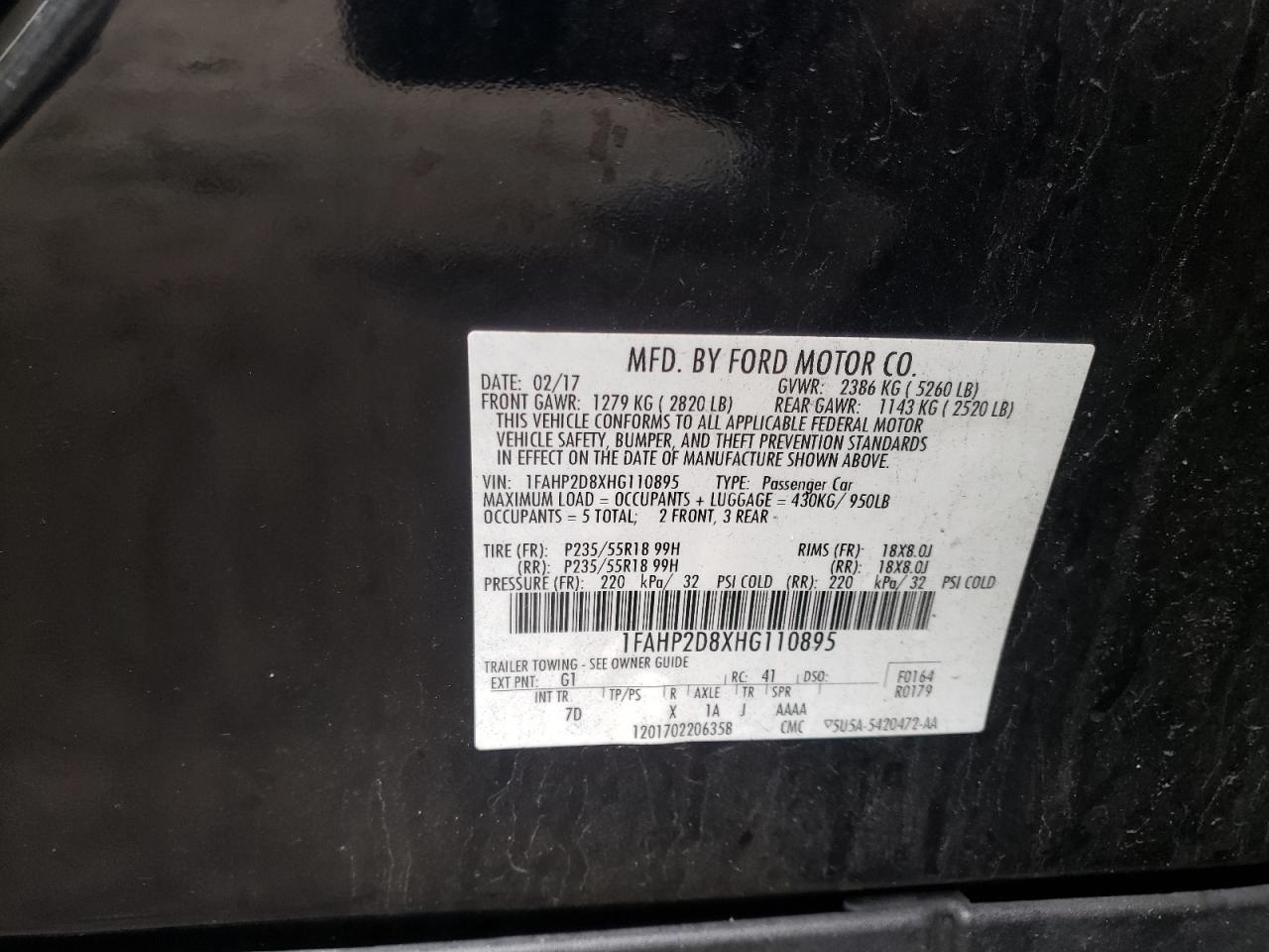 Photo 10 from auction – 2017 FORD TAURUS SE with VIN 1FAHP2D8XHG110895