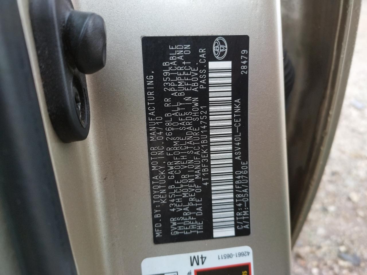 Photo 10 from auction – 2011 TOYOTA CAMRY BASE with VIN 4T1BF3EK1BU147521
