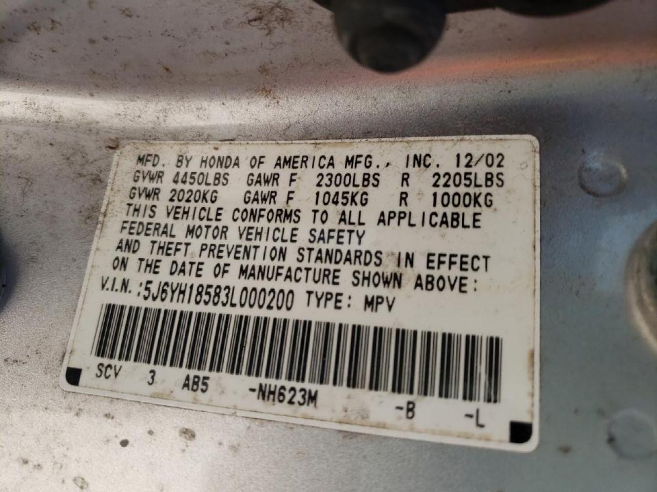 Photo 10 from auction – 2003 HONDA ELEMENT EX with VIN 5J6YH18583L000200