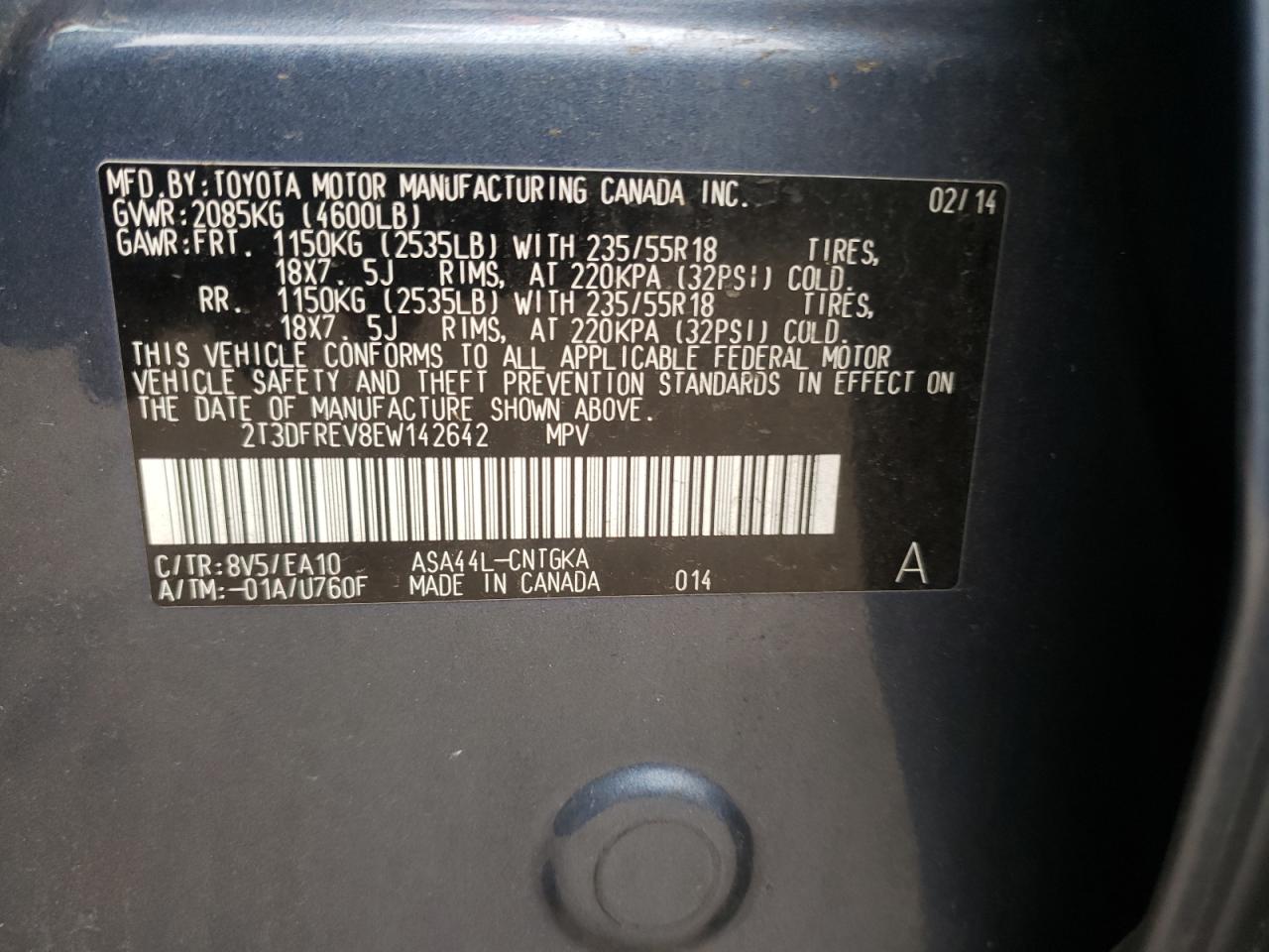 Photo 10 from auction – 2014 TOYOTA RAV4 LIMIT with VIN 2T3DFREV8EW142642