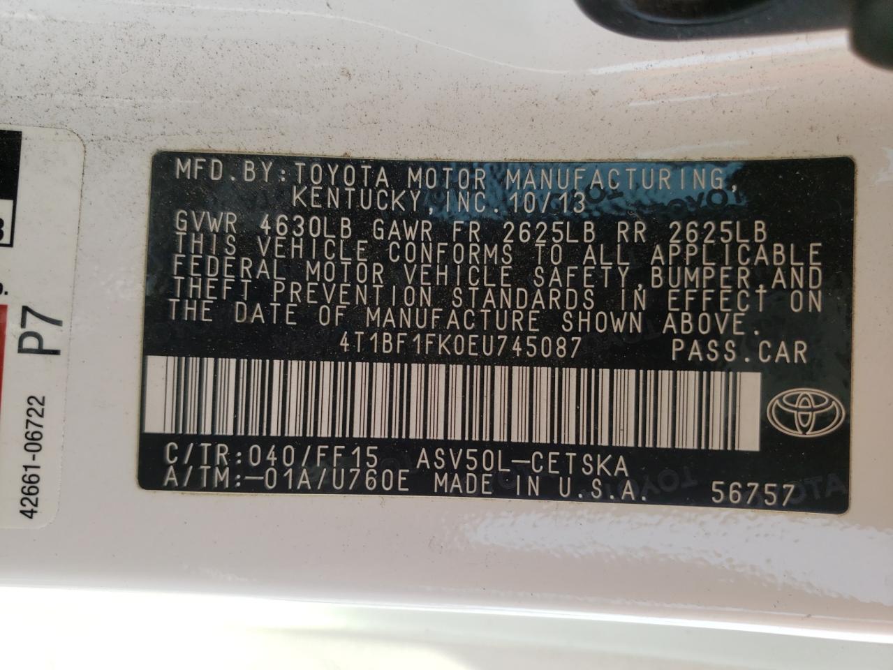 Photo 10 from auction – 2014 TOYOTA CAMRY L with VIN 4T1BF1FK0EU745087