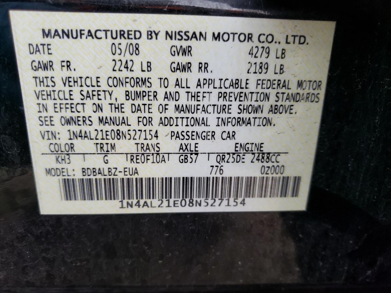 Photo 10 from auction – 2008 NISSAN ALTIMA 2.5 with VIN 1N4AL21E08N527154