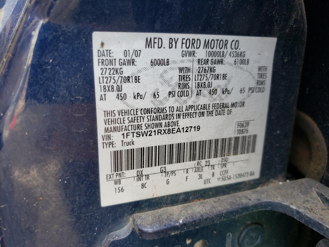 Photo 10 from auction – 2008 FORD F250 SUPER with VIN 1FTSW21RX8EA12719