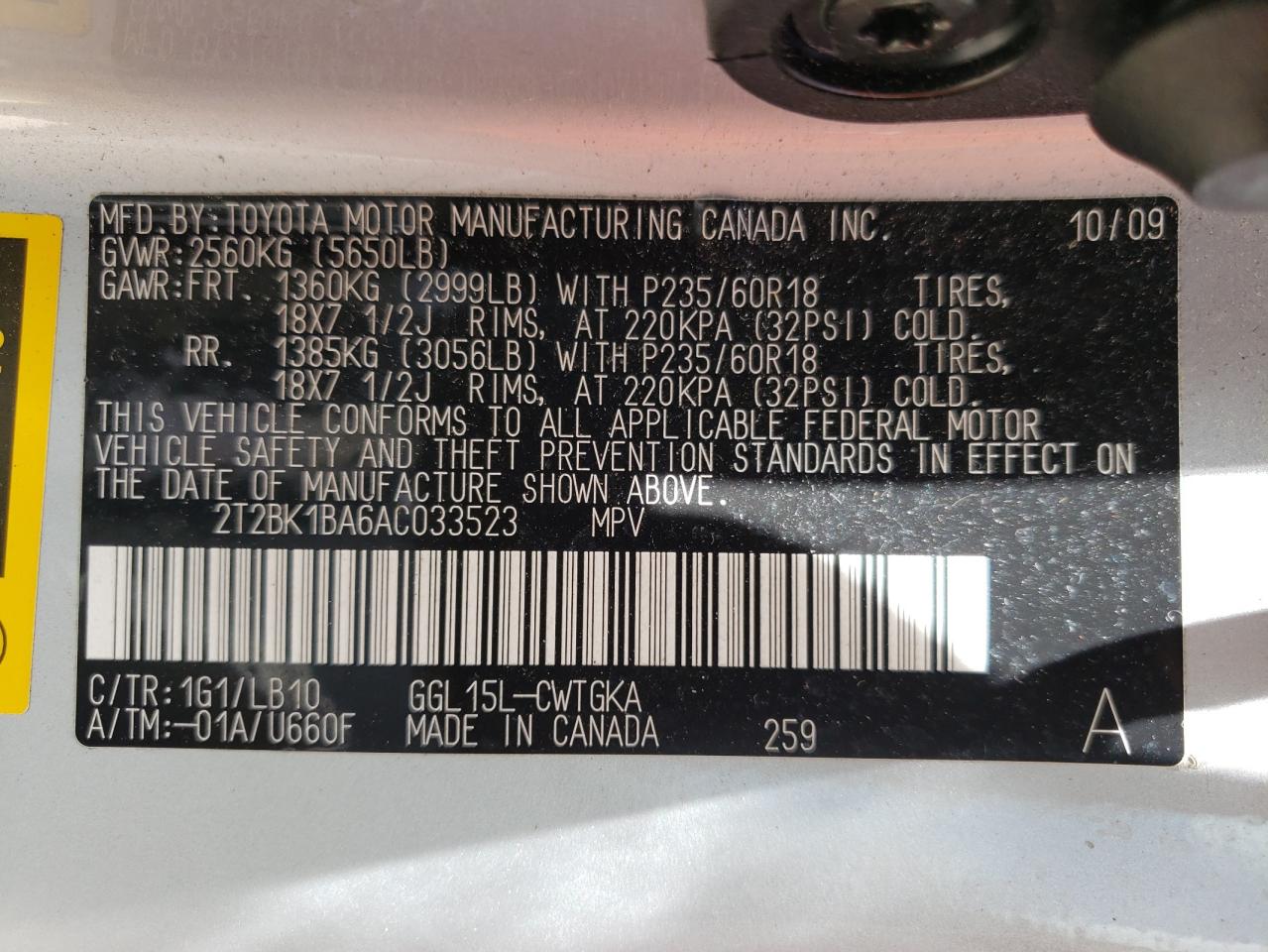 Photo 10 from auction – 2010 LEXUS RX 350 with VIN 2T2BK1BA6AC033523