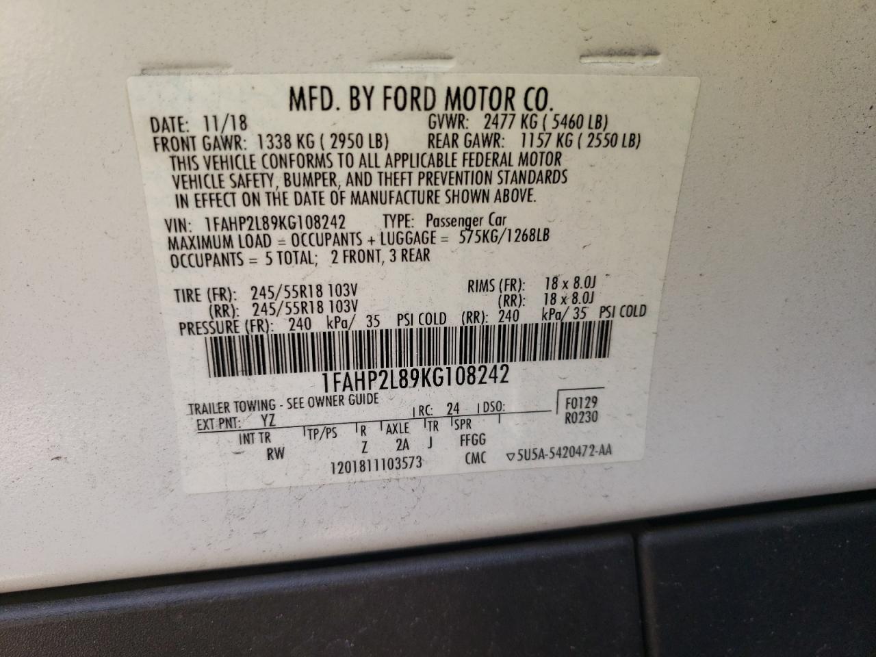Photo 10 from auction – 2019 FORD TAURUS POL with VIN 1FAHP2L89KG108242