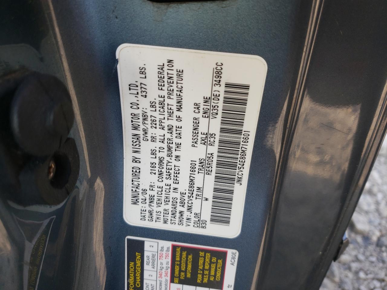 Photo 10 from auction – 2006 INFINITI G35 with VIN JNKCV54E86M716601
