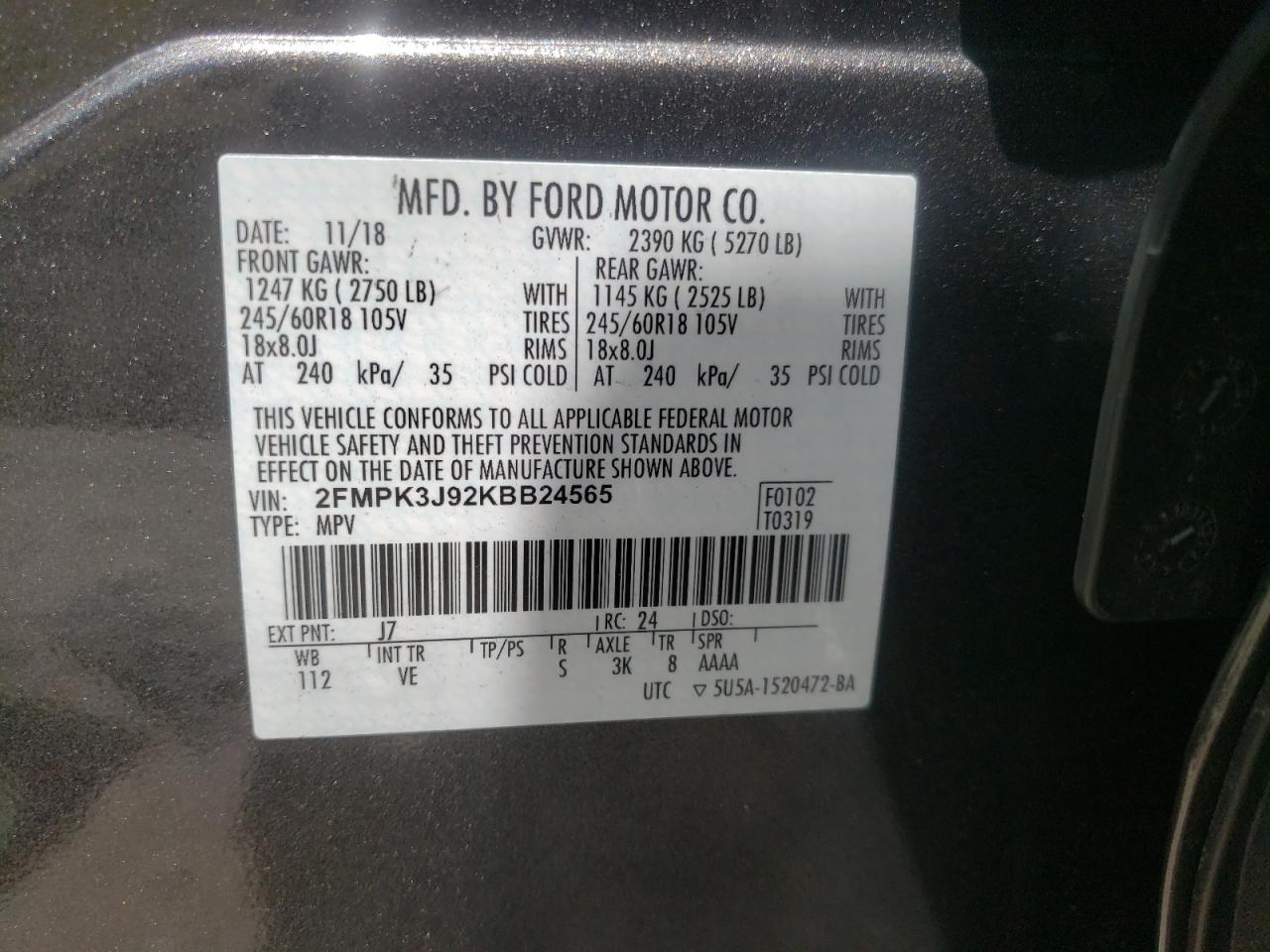 Photo 11 from auction – 2019 FORD EDGE SEL with VIN 2FMPK3J92KBB24565