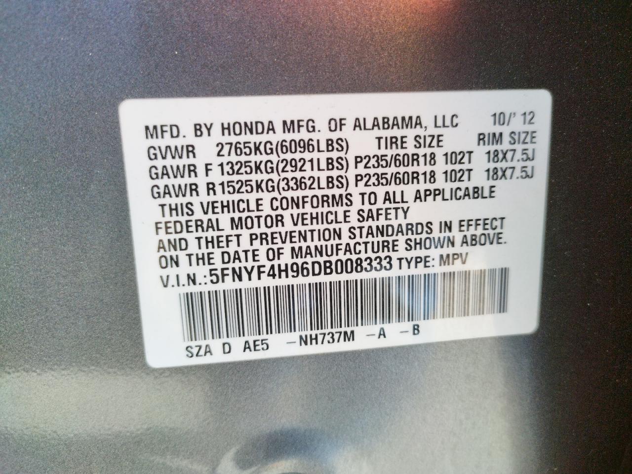 Photo 10 from auction – 2013 HONDA PILOT TOUR with VIN 5FNYF4H96DB008333