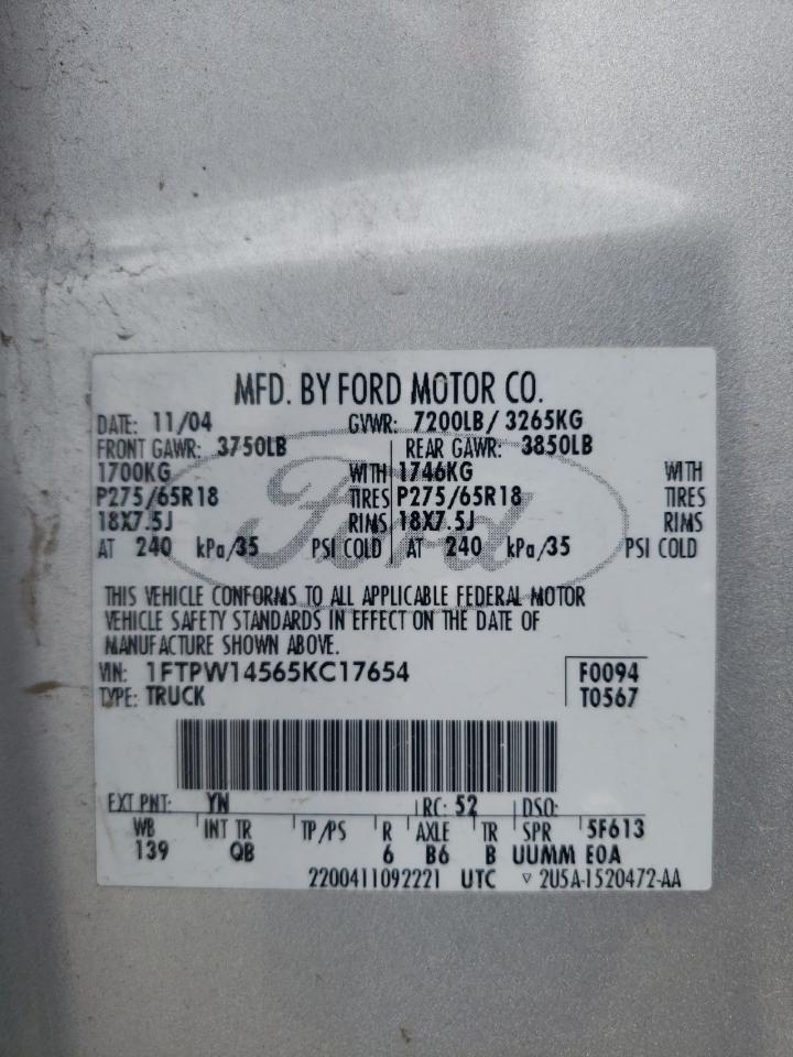 Photo 10 from auction – 2005 FORD F150 SUPER with VIN 1FTPW14565KC17654