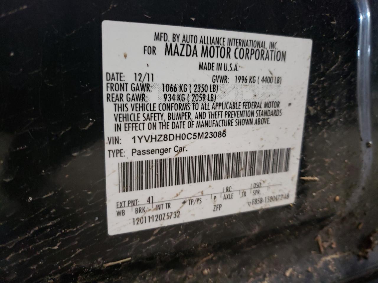 Photo 10 from auction – 2012 MAZDA 6 I with VIN 1YVHZ8DH0C5M23086